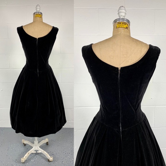 Vintage 50's Black Velveteen Cocktail Party Dress Pink Satin Trim Rhinestones 10 - Picture 6 of 11